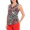 Cheapest 🎁 Kasper Petite Size Geo Stripe Print Sleeveless Pleat Neck Knit Cami Scarlet Multi 😍
