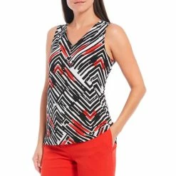 Cheapest ๐ Kasper Petite Size Geo Stripe Print Sleeveless Pleat Neck Knit Cami Scarlet Multi ๐
