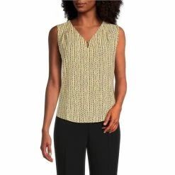 Hot Sale ✔️ Kasper Keyhole Sleeveless V-Neck Cami Pale Yellow Multi ⌛