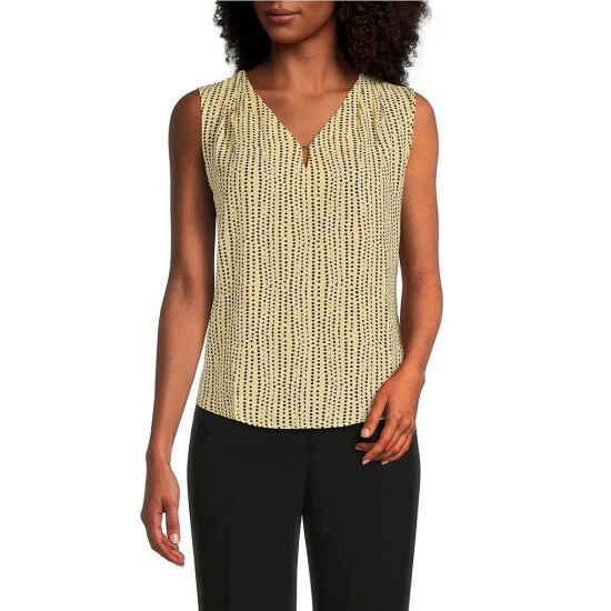 Hot Sale βοΈ Kasper Keyhole Sleeveless V-Neck Cami Pale Yellow Multi β