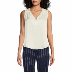 Deals 🥰 Kasper Petite Size Satin V-Neck Keyhole Tank Top Vanilla Ice 🥰