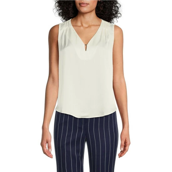 Deals 🥰 Kasper Petite Size Satin V-Neck Keyhole Tank Top Vanilla Ice 🥰