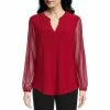 Top 10 💯 Kasper Split V-Neck Long Sheer Sleeve Blouse Fire Red ❤️