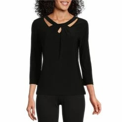 New 🔥 Kasper 3/4 Sleeve Cut-Out Twist Crew Neck Knit Top Black 🌟