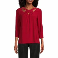 Coupon 👍 Kasper Twist Crew Neck 3/4 Sleeve Top Fire Red ✨