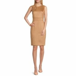 Best Sale 🤩 Kasper Scuba Suede Sleeveless Crew Neck Banded Waist Sheath 👗 Dress Pebble ❤️