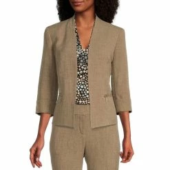 Wholesale 👏 Kasper Petite Size Front Zip Pocket Open Front 3/4 Rolled Sleeve Jacket Cypress Grey ⌛