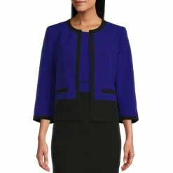 Coupon 👍 Kasper Color Block 3/4 Sleeve Stretch Crepe Jewel Neck Statement Jacket Royal Blue/black 🛒