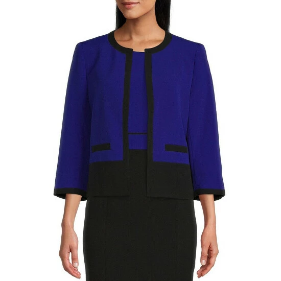 Coupon π Kasper Color Block 3/4 Sleeve Stretch Crepe Jewel Neck Statement Jacket Royal Blue/black π
