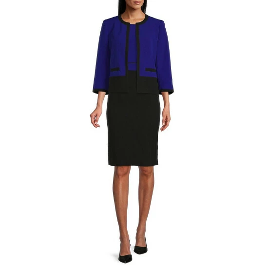 Coupon π Kasper Color Block 3/4 Sleeve Stretch Crepe Jewel Neck Statement Jacket Royal Blue/black π - Image 3