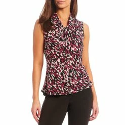 Discount 🔥 Kasper Tie V-Neck Sleeveless Printed Top Cerise Combo 🔥