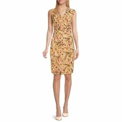 Top 10 ๐ฅ Kasper Petite Size Abstract Printed Sleeveless Surplice V-Neck Faux Wrap Ruched Ring ๐ Dress Orange Blossom Combo ๐