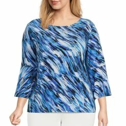 Best reviews of 👍 Kasper Plus Size Abstract Printed 3/4 Bell Sleeve Round Neck Top Cornflower Combo 😉