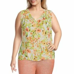 Best Pirce 🎉 Kasper Plus Size Floral Print Sleeveless Pleated Shoulder V-Neck Top Papaya Combo ✨
