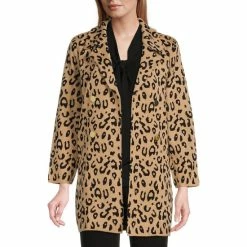 Discount ✨ Kasper Leopard Print Notch Collar Long Sleeve 🧥 Coatigan Camel/black 🥰