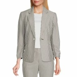 Cheap 😀 Kasper Printed Seersucker Notch Lapel 3/4 Ruched Sleeve One Button Coordinating Jacket Grey/white 🛒