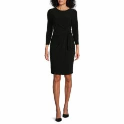 New ⭐ Kasper Tie Front Jewel Neck Long Sleeve Sheath 👗 Dress Black 🧨