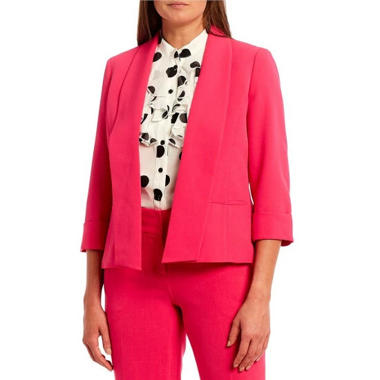 Deals โ๏ธ Kasper Petite Size Stretch Crepe Shawl Collar Open Front 3/4 Rolled Sleeve Jacket Pink Perfection ๐