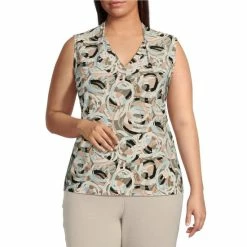 Deals 😉 Kasper Plus Size Abstract Print Cap Sleeve V-Neck Straight Hem Top Sesame/sea Glass Combo 😀