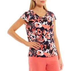 Brand new 🧨 Kasper Floral Print Short Sleeve Cowl Neck Top Luxe Salmon Combo 🛒