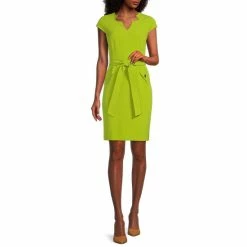 Outlet ๐ Kasper Petite Size Split V-Neck Cap Sleeve Belted Pocket Sheath ๐ Dress Kiwi ๐คฉ
