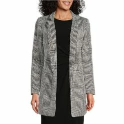 New 😍 Kasper Plaid Print Stand Collar Button Front Topper Jacket Black/vanilla Ice 🌟