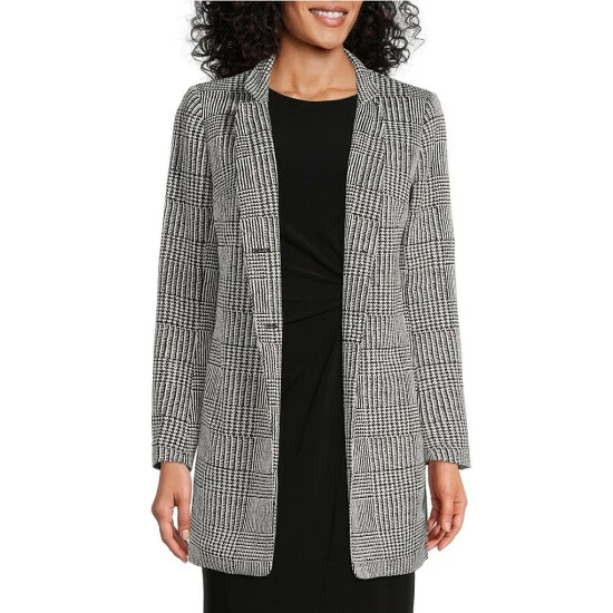 New ๐ Kasper Plaid Print Stand Collar Button Front Topper Jacket Black/vanilla Ice ๐