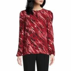 New 💯 Kasper Pleated Crew Neck Long Elastic Cuff Sleeve Blouse Fire Red Combo 😉