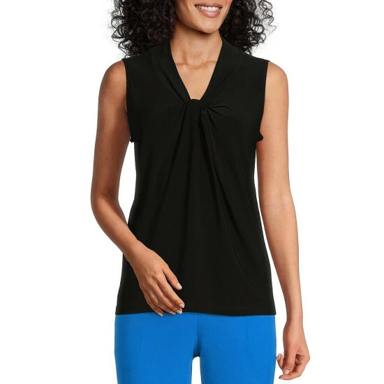 Deals ๐ฏ Kasper Petite Size Sleeveless Pleated Knot Front V-Neck Top Black ๐คฉ