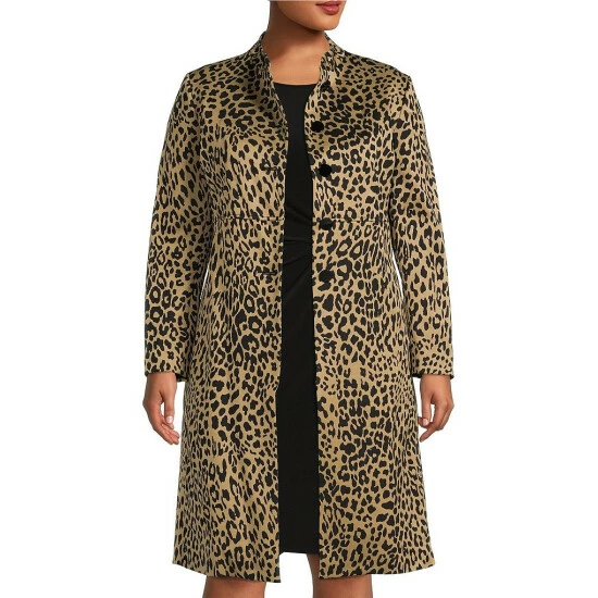 Brand new π Kasper Plus Size Stretch Cheetah Print Jacquard Stand Collar Long Sleeve Button Front π§₯ Coat Doe/black π