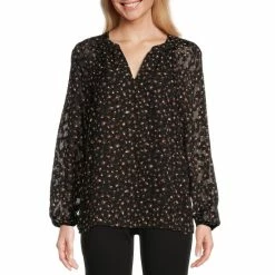 Best Pirce 🧨 Kasper Jacquard Split V-Neck Long Sleeve Blouse Black Combo ✨