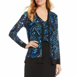 Flash Sale 🔔 Kasper Mesh Long Sleeve V-Neck Button Front Printed Cardigan Blue Ribbon Combo ❤️