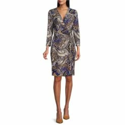 Budget ❤️ Kasper Petite Size Signature Printed V-Neck Long Sleeve Buckle Faux Wrap Knit 👗 Dress Royal Blue/marigold Combo 🧨