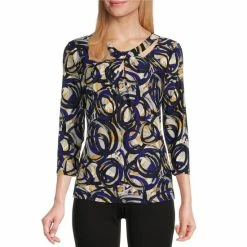 Cheap ❤️ Kasper Circle Abstract Printed 3/4 Sleeve Keyhole Twist Front Crew Neck Top Royal Blue/marigold Multi ✔️