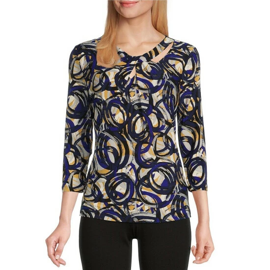 Cheap โค๏ธ Kasper Circle Abstract Printed 3/4 Sleeve Keyhole Twist Front Crew Neck Top Royal Blue/marigold Multi โ๏ธ