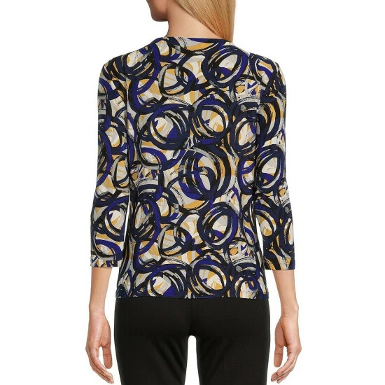Cheap โค๏ธ Kasper Circle Abstract Printed 3/4 Sleeve Keyhole Twist Front Crew Neck Top Royal Blue/marigold Multi โ๏ธ - Image 2