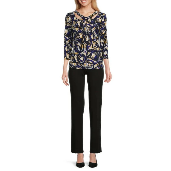 Cheap โค๏ธ Kasper Circle Abstract Printed 3/4 Sleeve Keyhole Twist Front Crew Neck Top Royal Blue/marigold Multi โ๏ธ - Image 3