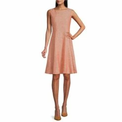 Brand new ⭐ Kasper Cross Dye Linen Sleeveless High Round Neck Seamed A-Line Coordinating 👗 Dress Papaya/white ⌛