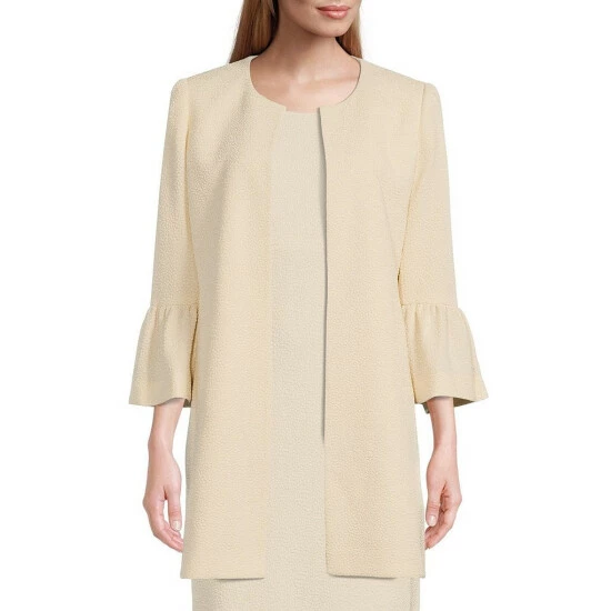 Best Sale π Kasper Lurex Jacquard Jewel Neck Long Bell Sleeve Open Front Topper π§₯ Coat Light Sesame β€οΈ