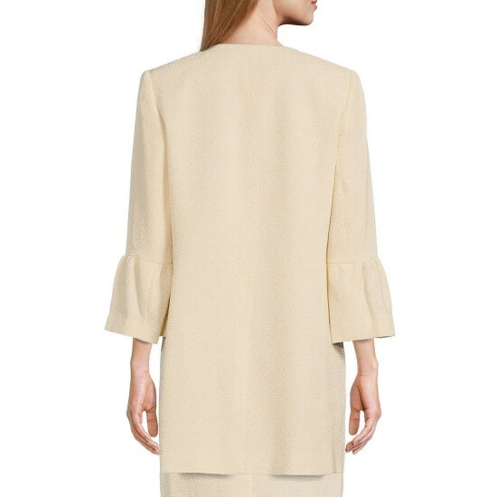 Best Sale π Kasper Lurex Jacquard Jewel Neck Long Bell Sleeve Open Front Topper π§₯ Coat Light Sesame β€οΈ - Image 2