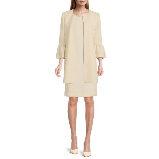 Best Sale π Kasper Lurex Jacquard Jewel Neck Long Bell Sleeve Open Front Topper π§₯ Coat Light Sesame β€οΈ - Image 3