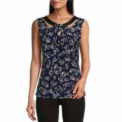 Cheap 👏 Kasper Feather Printed Sleeveless Keyhole Twist Crew Neck Top Black/royal Blue Combo 🛒
