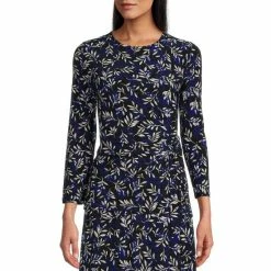 Brand new 🔥 Kasper Petite Size Feather Printed Tie Front Crew Neck 3/4 Sleeve Coordinating Knit Top Black/royal Blue Combo 😍