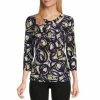 Top 10 😉 Kasper Petite Size Circle Abstract Printed 3/4 Sleeve Keyhole Twist Front Crew Neck Top Royal Blue/marigold Multi 🔥
