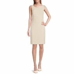 Promo 💯 Kasper Lurex Jacquard Crew Neck Sleeveless Empire Seam Sheath 👗 Dress Light Sesame ✔️