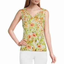 Wholesale 🎁 Kasper Petite Size Floral Print Sleeveless Pleated Shoulder V-Neck Top Papaya Combo ⭐