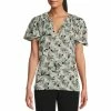 Top 10 💯 Kasper Tropical Leaf Print Woven Split V-Neck Short Flutter Sleeve Top Black Glass Combo 💯