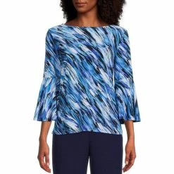 Hot Sale 🌟 Kasper Abstract Printed 3/4 Bell Sleeve Boat Neck Top Cornflower Combo 🤩